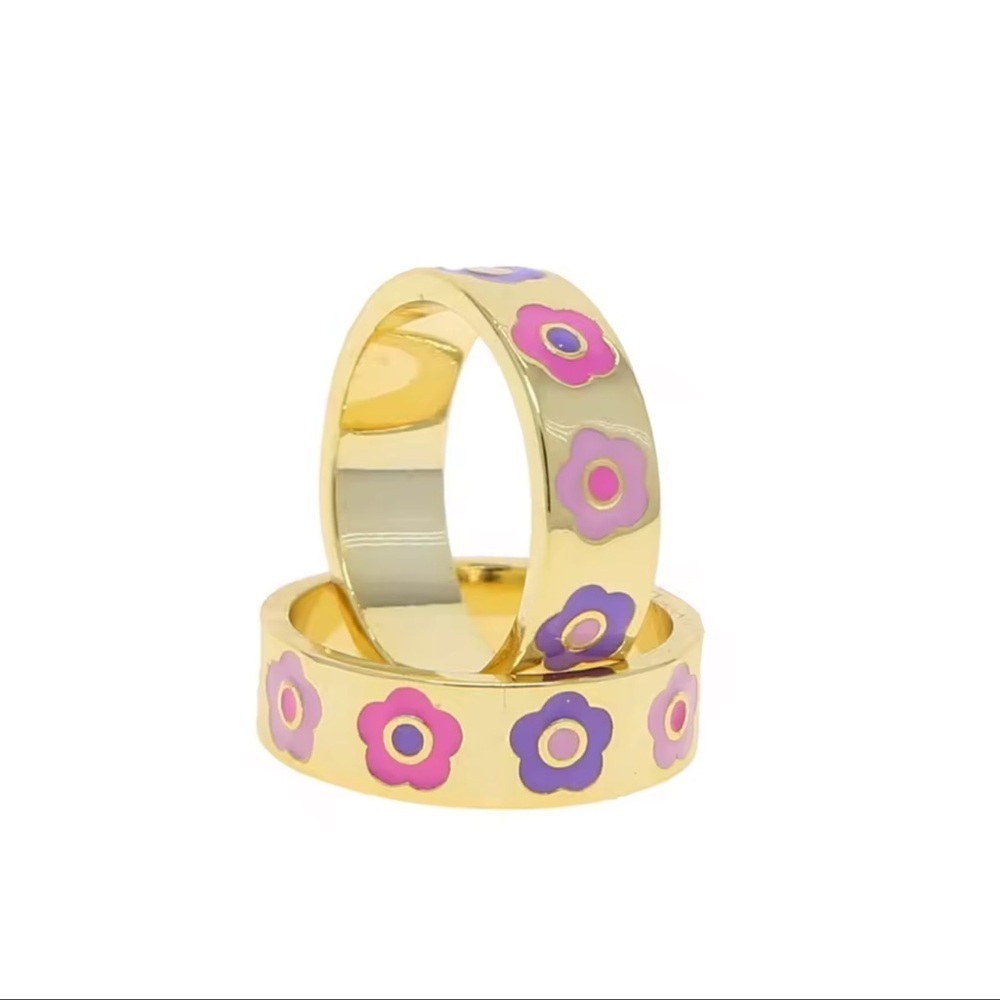 Flower Power Floral Spring Gold Plated Ring with Pink and Purple Flowers Size 8 - Picture 5 of 6
